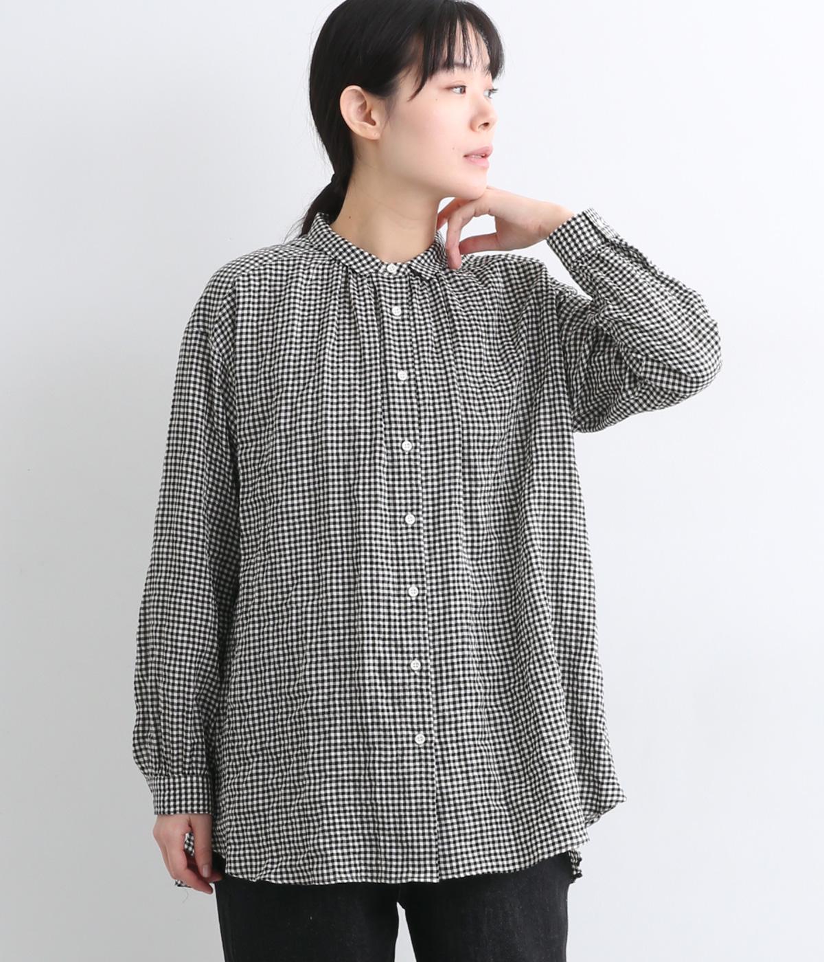 へリンボンシャーリングギャザーチュニックシャツ(モノトーンギンガム-F)
