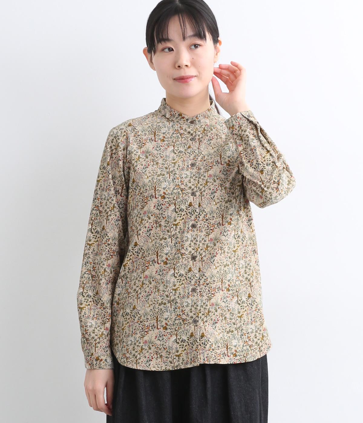 コットンコーデュロイ森の動物スタンドカラーレギュラーシャツ(ベージュ-F)