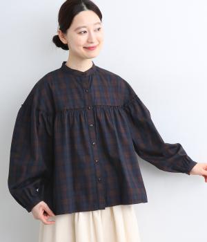 コットンピケスタンドカラーヨーク切り替えギャザーブラウス