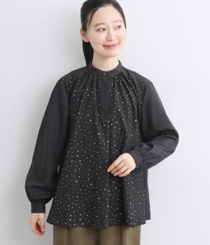 スパンナナローン星屑柄ギャザーフレアープルオーバーブラウス(ブラック-F)