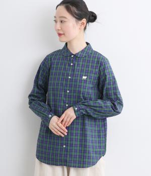 フラット風丸襟シツジ刺繍レギュラーシャツ(ネイビー系チェック-F)