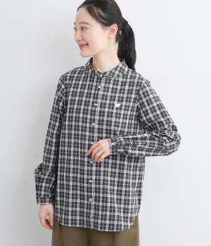 フラット風丸襟シツジ刺繍レギュラーシャツ(モノトーンチェック-F)