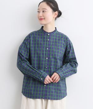 リバティアソートくるみ釦スタンドフリルドロップショルダーシャツ(ネイビー系チェック-F)