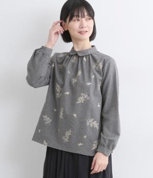 杢ビエラヨーク刺繍重ね襟プルオーバーブラウス