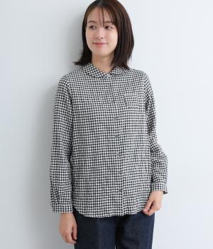 ヘリンボーンシャーリングチェックフラット風丸襟レギュラーシャツ(オフギンガム-F)