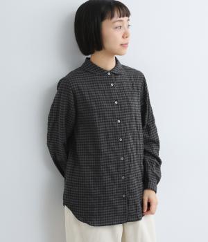 ヘリンボーンシャーリングチェックフラット風丸襟レギュラーシャツ(グレーギンガム-F)