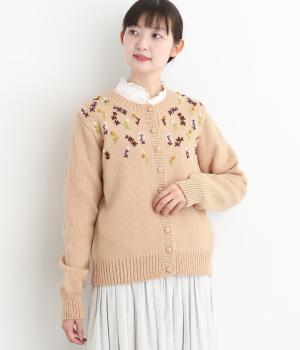 ウール細番手花柄手刺繍ニットカーディガン