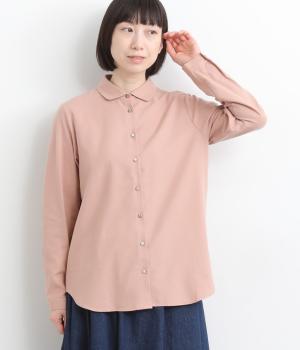 リバティくるみ釦スタンドカラーギャザーブラウス(スモークピンク-F)