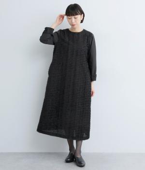 コットンシアーシャギージオメジャカードAラインワンピース(ブラック-F)