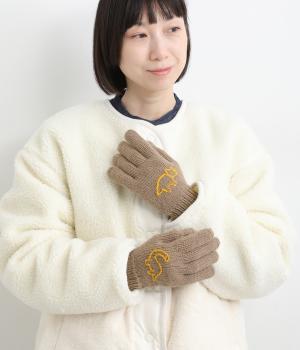 ウール手編み細番手恐竜手刺繍手袋(ブラウン-F)