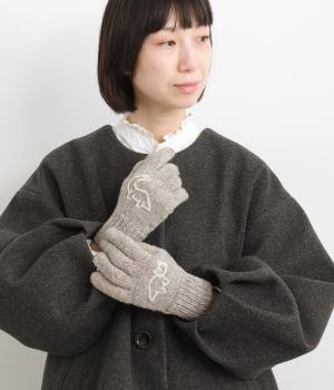 ウール手編み細番手恐竜手刺繍手袋(ライトグレー-F)