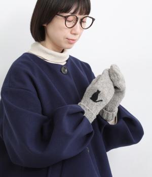 ウール手編み細番手ネコ手刺繍手袋