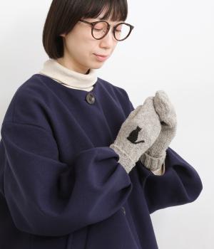 ウール手編み細番手ネコ手刺繍手袋(ライトグレー-F)