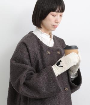 ウール手編み細番手ネコ手刺繍手袋(ホワイト-F)