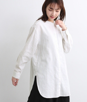 コットンリネンストライプ　ラウンドヘムチュニック