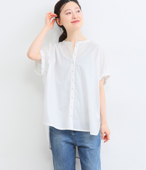 ライト平織りコットン製品染め ギャザースリーブシャツ(オフホワイト-ONESIZE)