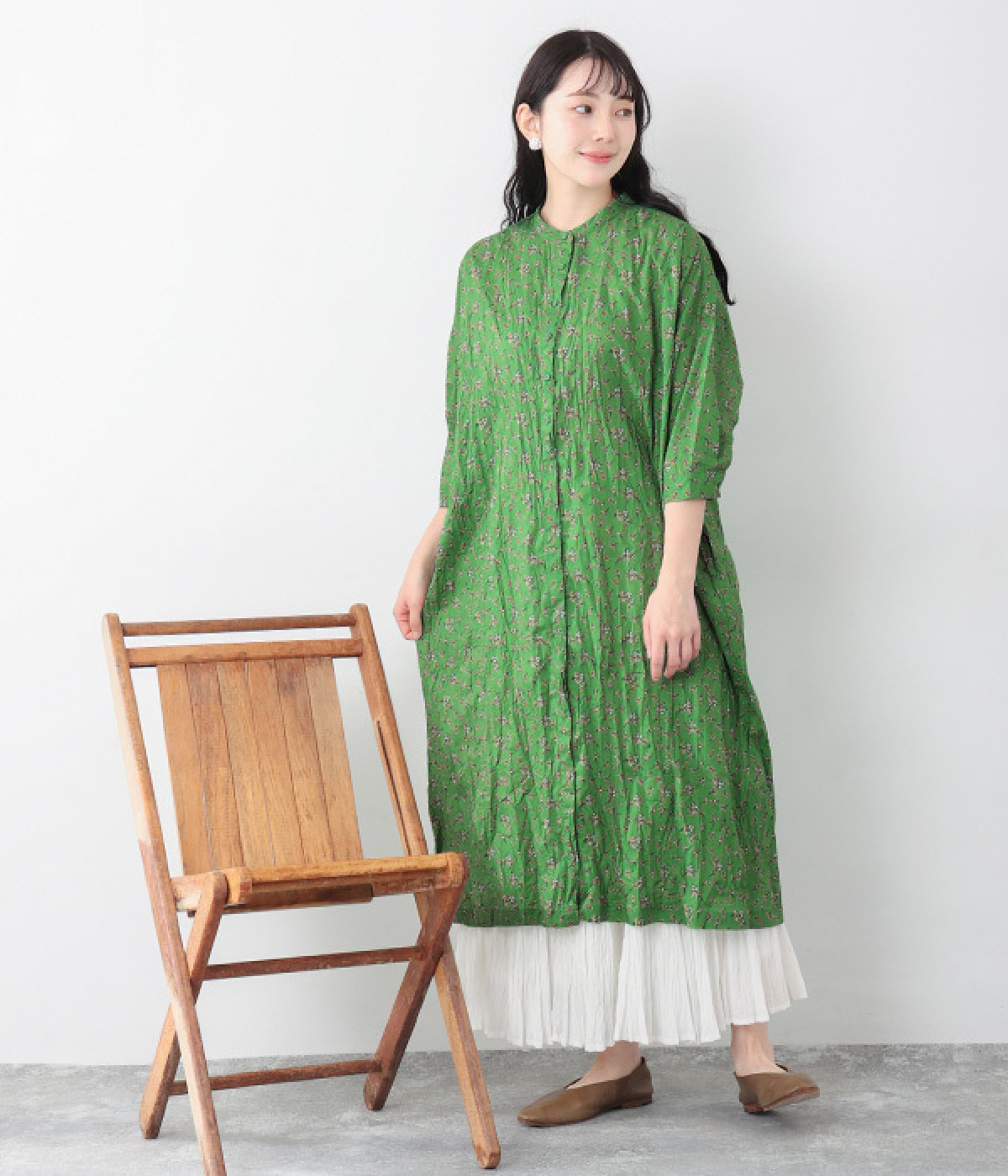 フラワープリント 7分袖クリンクルワンピース（YURK geniet van