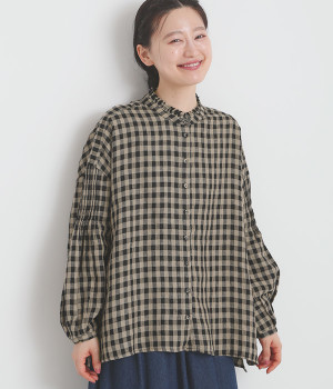 リネンギンガムチェック　フリルカラーシャツ