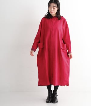 リネンコットン　バイカラーワンピース(レッド-ONESIZE)