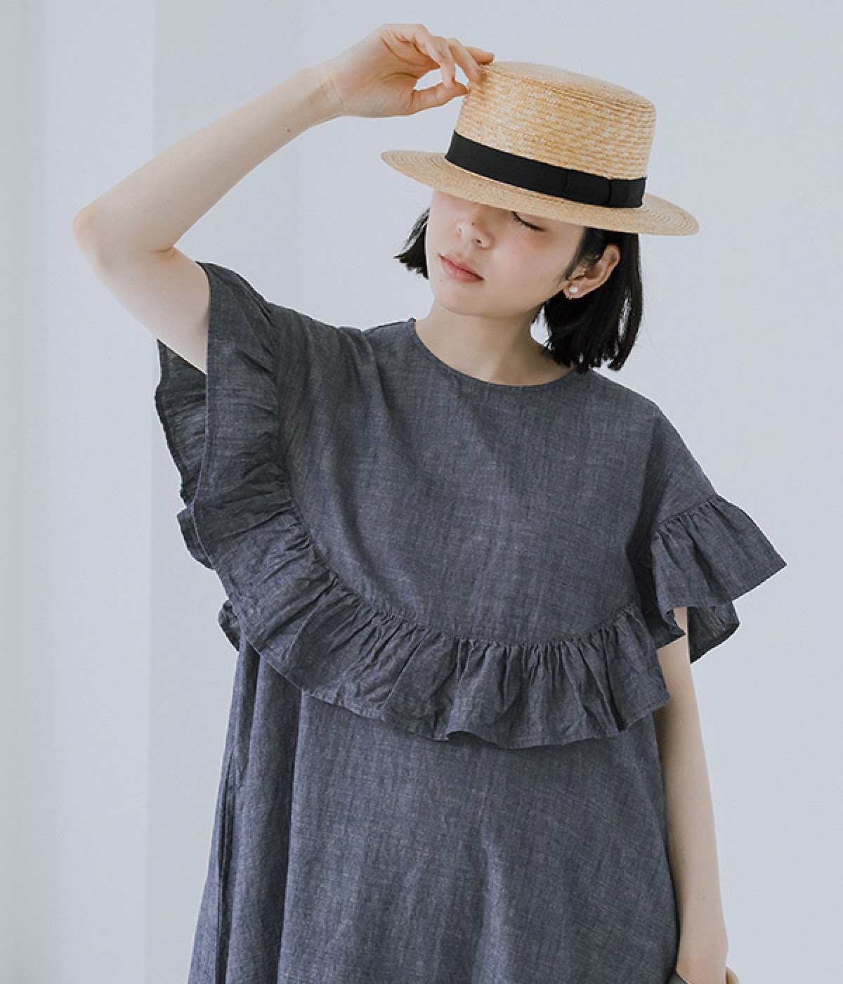別注｜コットンリネンデニムヨーク切替ワンピース（mano a mano
