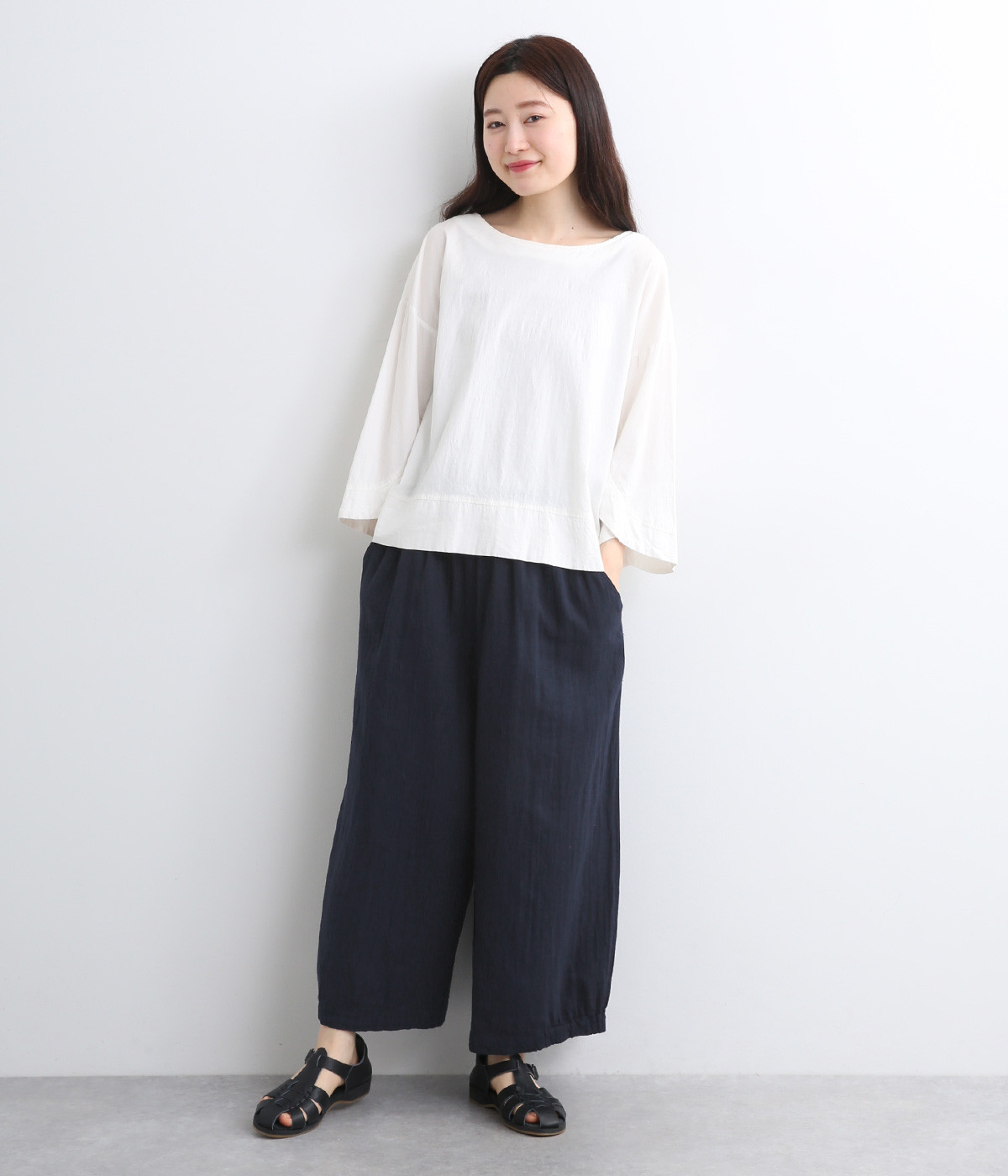 ❤️美品❤️LOHEN 裾ゴムタックパンツ　ネイビー　フリーサイズ L.O.X】【大きいサイズ】【秋冬】ウールブレンド 1タックパンツ