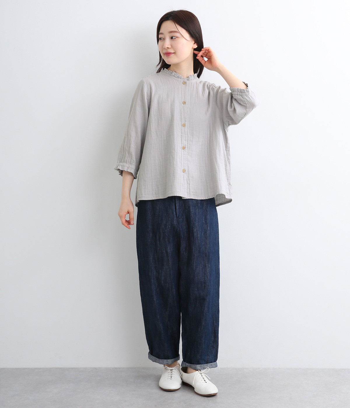 Wガーゼ襟ギャザー7分袖ゴムブラウス（kinako）の商品詳細