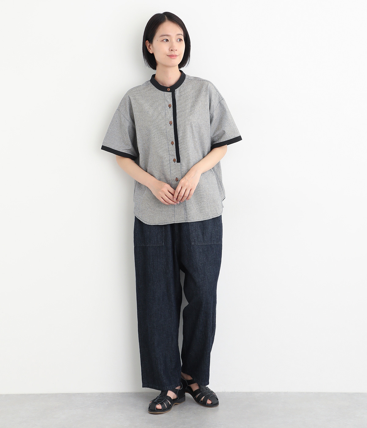美品 ユニ タック バンドカラー ウールリネン ブラウス 千鳥柄 ゆったり CATEGORY ブラウス | ubasoku