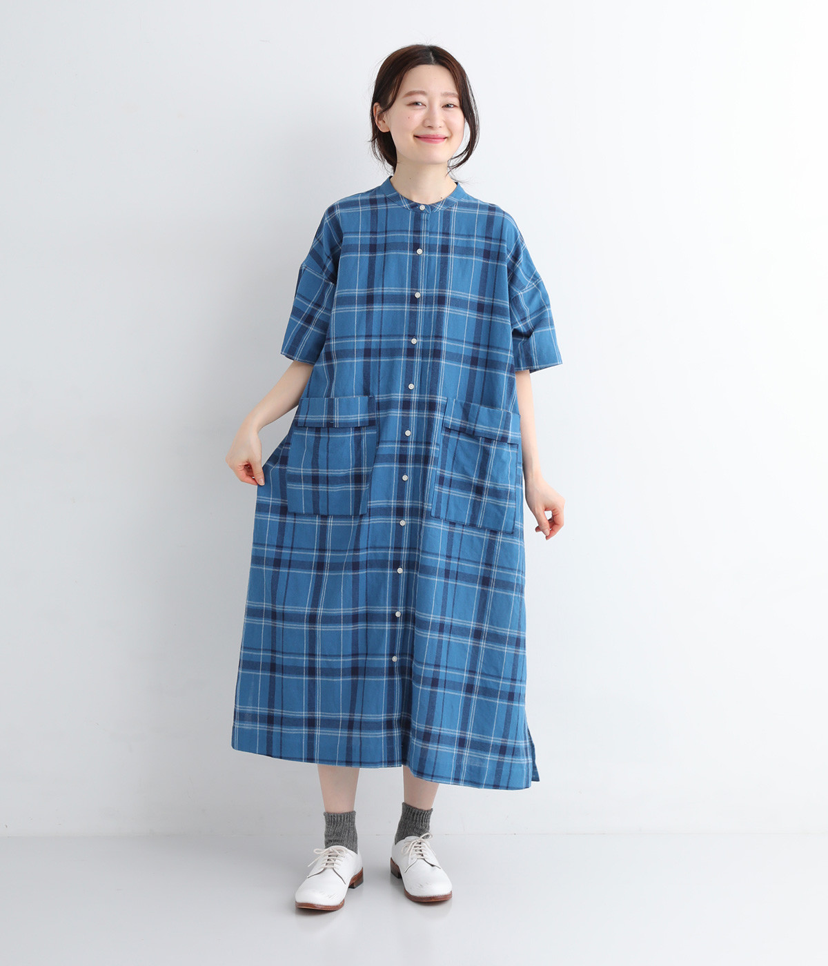コットンリネンチェック シャツワンピース（kermu）の商品詳細