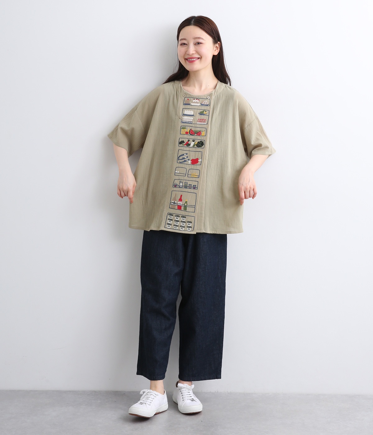 Emago 冷蔵庫刺繍前開きカーデ カーキ Emago 冷蔵庫刺繍前開きカーデ カーキ - メルカリ
