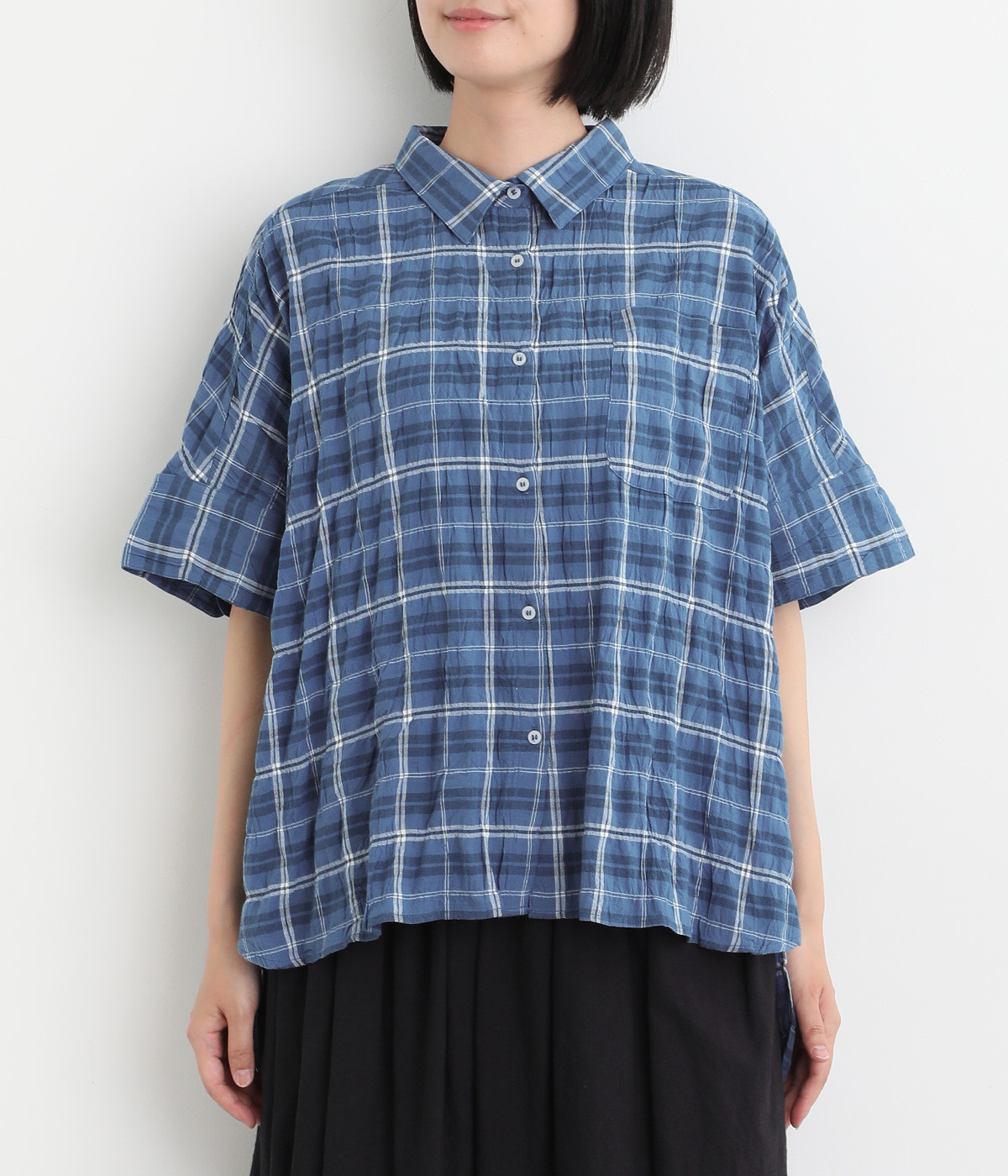 ✨美品✨45rpm コットン100%シャツ　チェック　プリーツ　ネイビーブラック ゆったりサイズチェックシャツ ［Soiunique］ 通販【ニッセン】