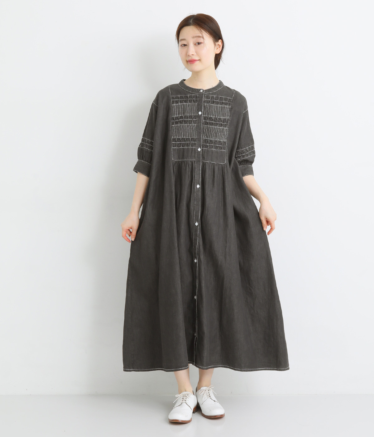 【美品】ネストローブ リネンロールスリーブ2way デニム ワンピース 青 F 美品】ネストローブ リネンロールスリーブ2way デニム