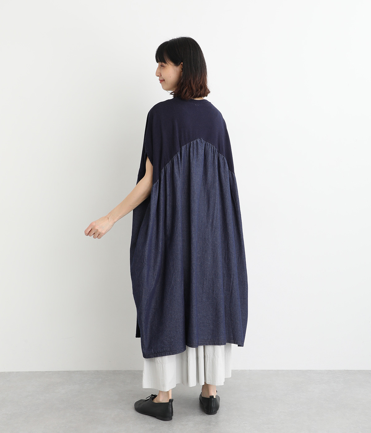 新品 ドッキングワンピース デニム コットン ネイビー アニュアンス anuans キーネックデニムワンピース （INDIGO