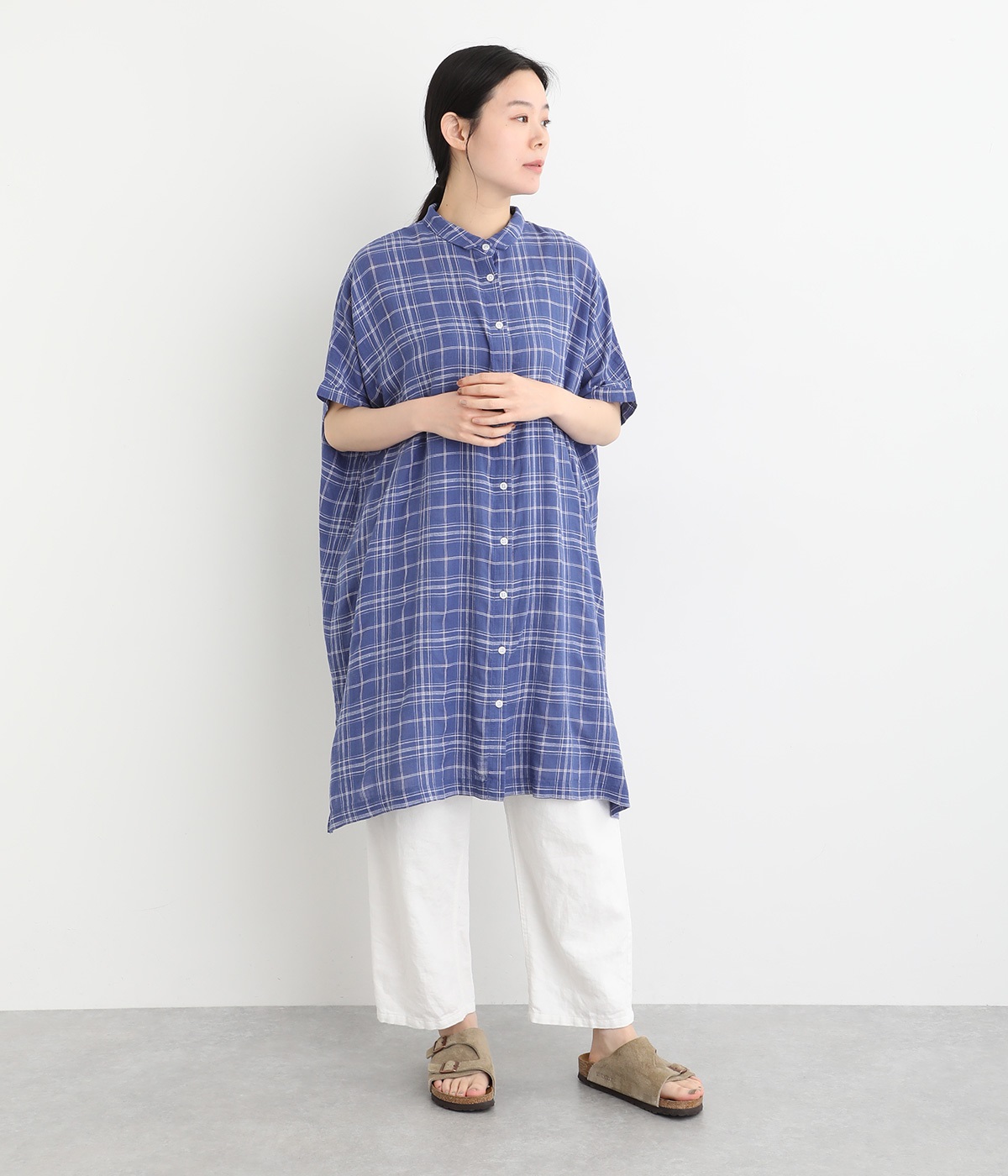 新品 LATORRE コットンリネン 48 ブルー系チェック 新品 LATORRE コットンリネン 48 ブルー系チェック