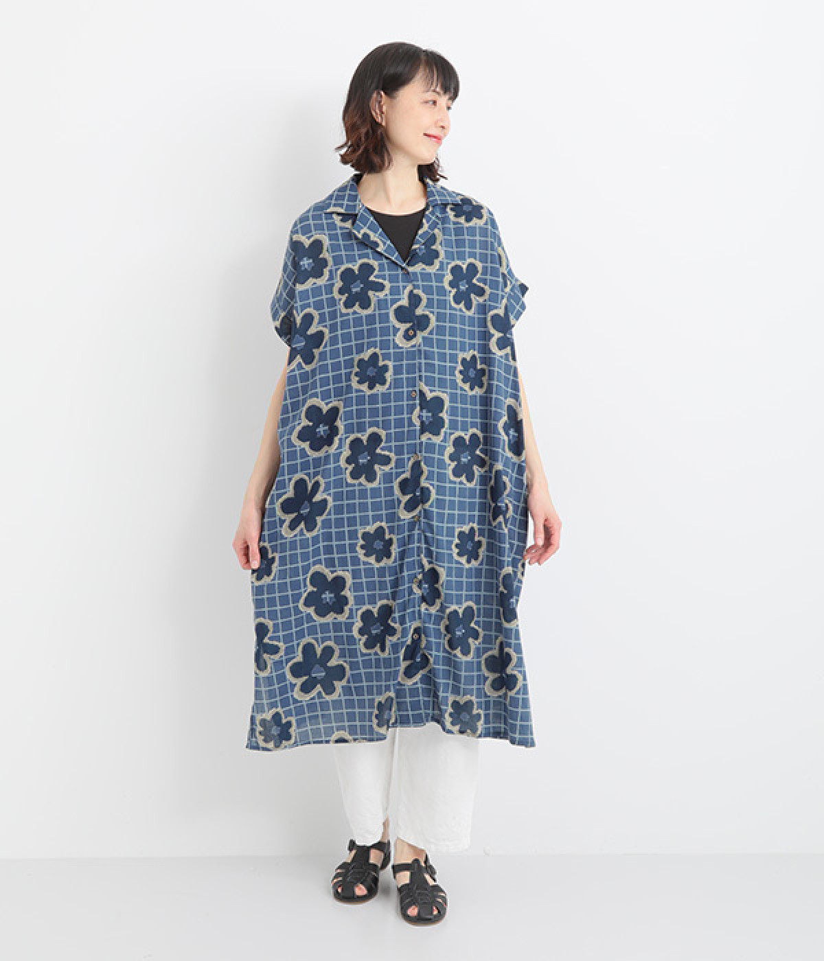 グリッドフラワー半袖前開きワンピース（LITTLE MARKET）の商品詳細