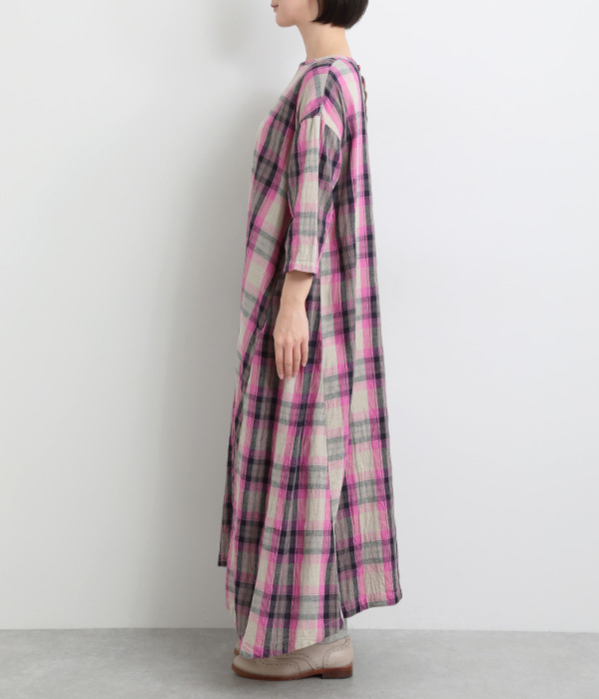 リネンコットンタータンチェックシャツワンピース（ICHI