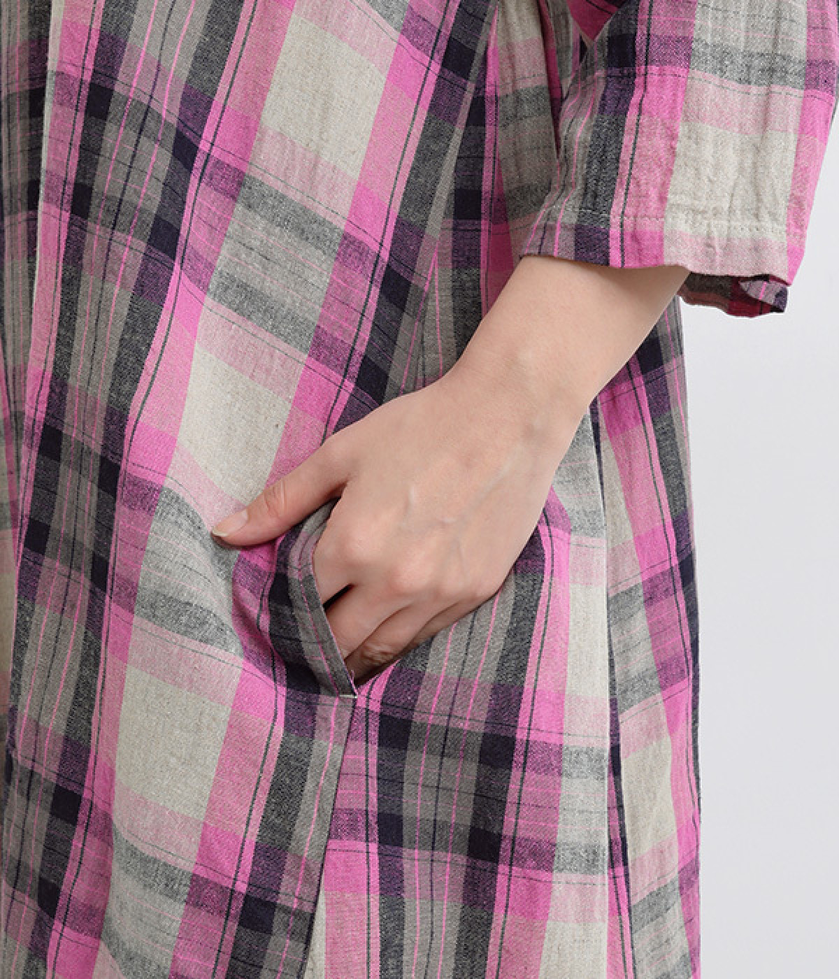 ❁¨̮ICHI コットンチェックワンピース ichi Antiquités｜リネンコットンチェックシャツワンピース