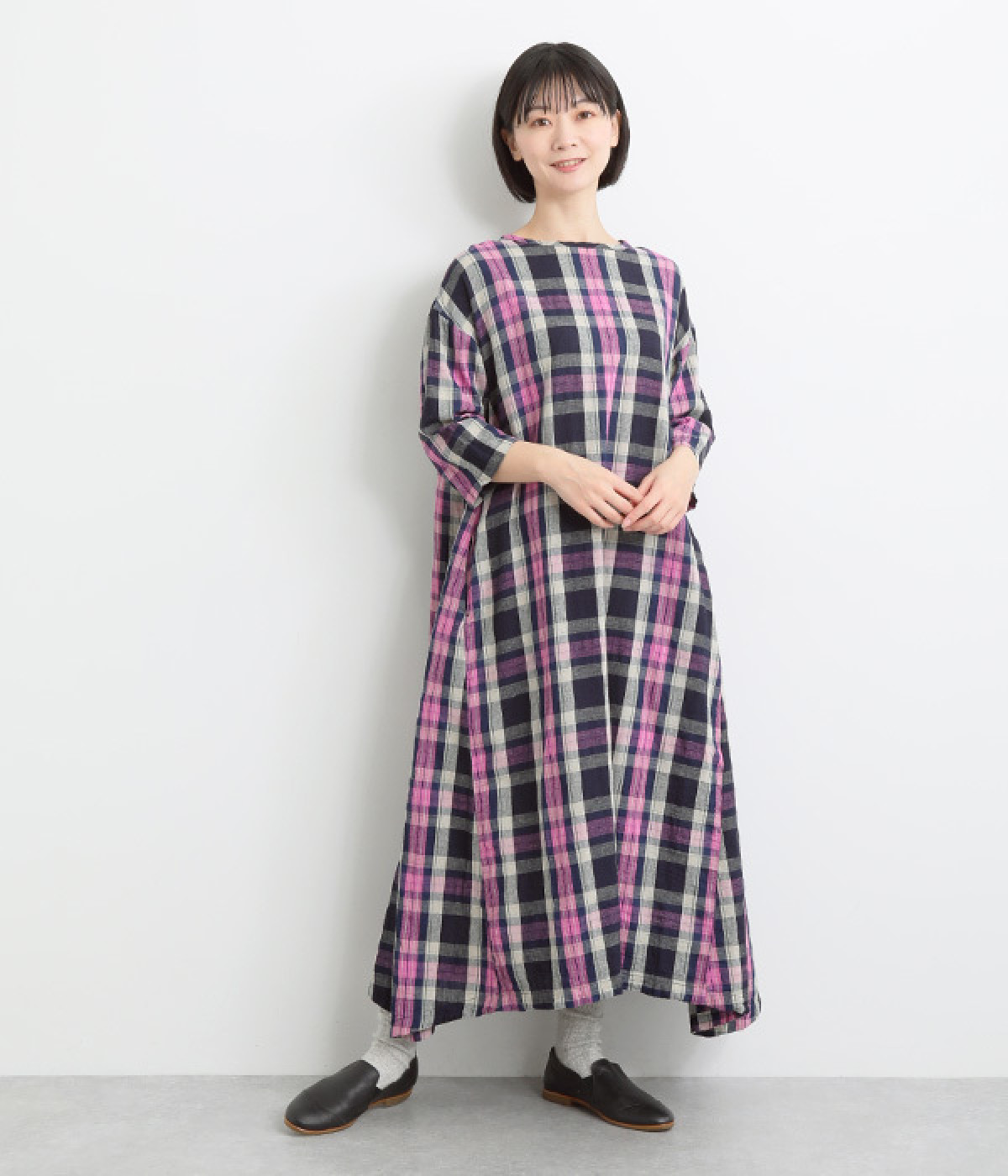 リネンコットンタータンチェックシャツワンピース（ICHI