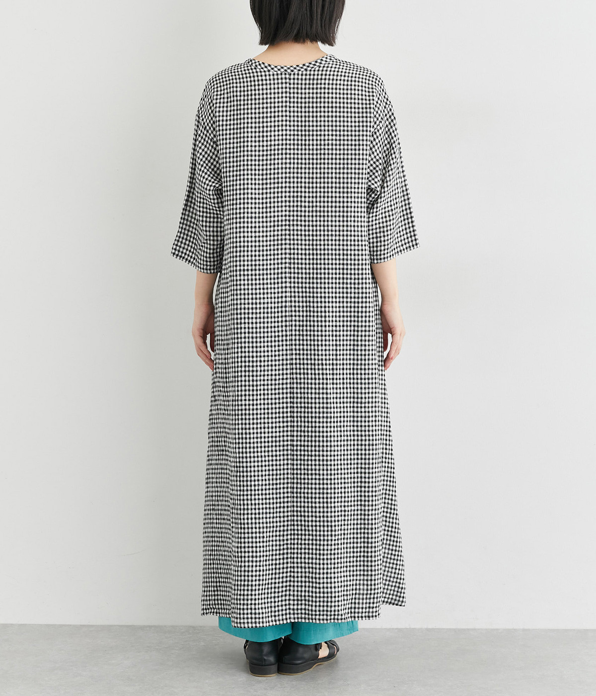 美品 ICHI Antiquites リネン チェック ロング ワンピース 白 美品 ICHI Antiquites リネン チェック ロング ワンピース 白