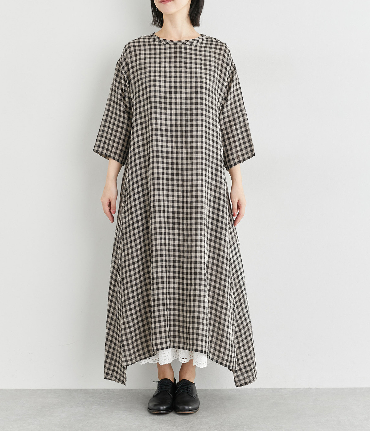 新品未使用　コットンリネン箔ギンガムチェック ワンピース Mサイズ リネンギンガムチェックワンピース（ICHI Antiquites）の商品詳細