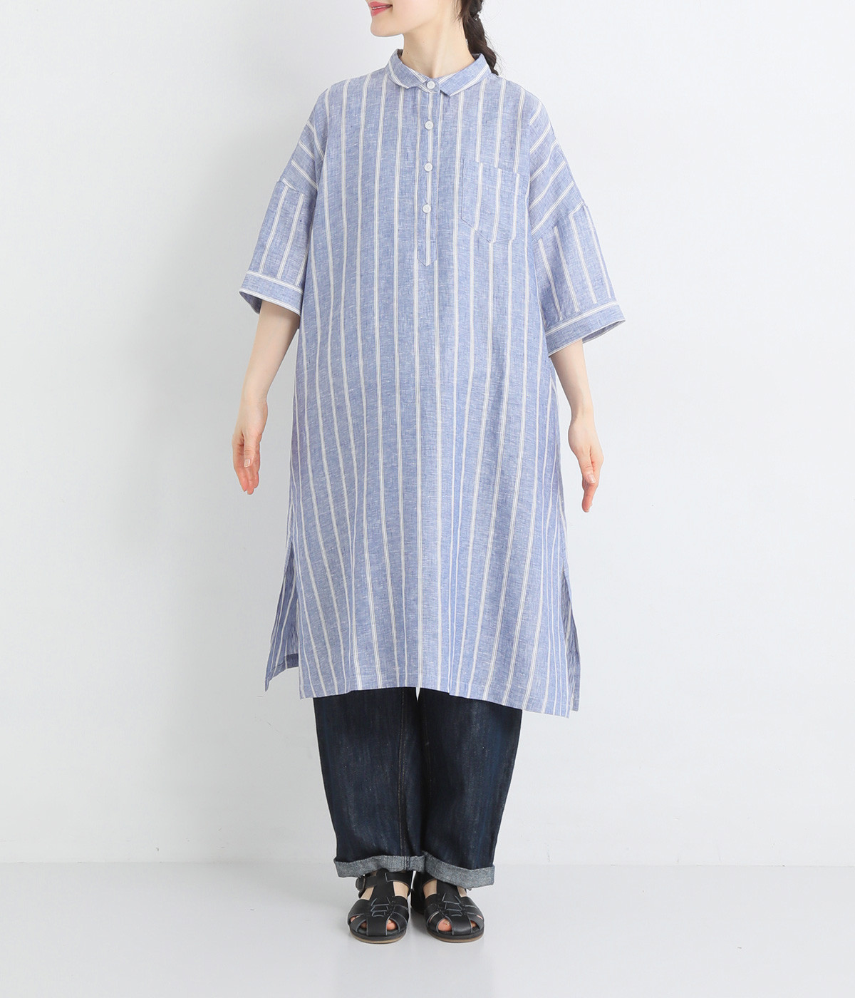 美品 マメクロゴウチ オフショルダー リネン ワンピース ストライプ ブルー 2 美品 マメクロゴウチ オフショルダー リネン ワンピース
