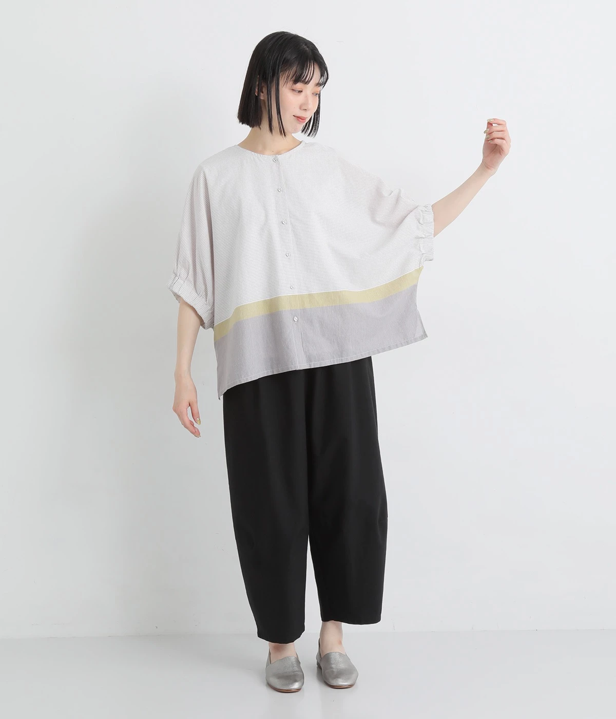 コットンオックス配色ポケットコクーンパンツ（blue willow）の