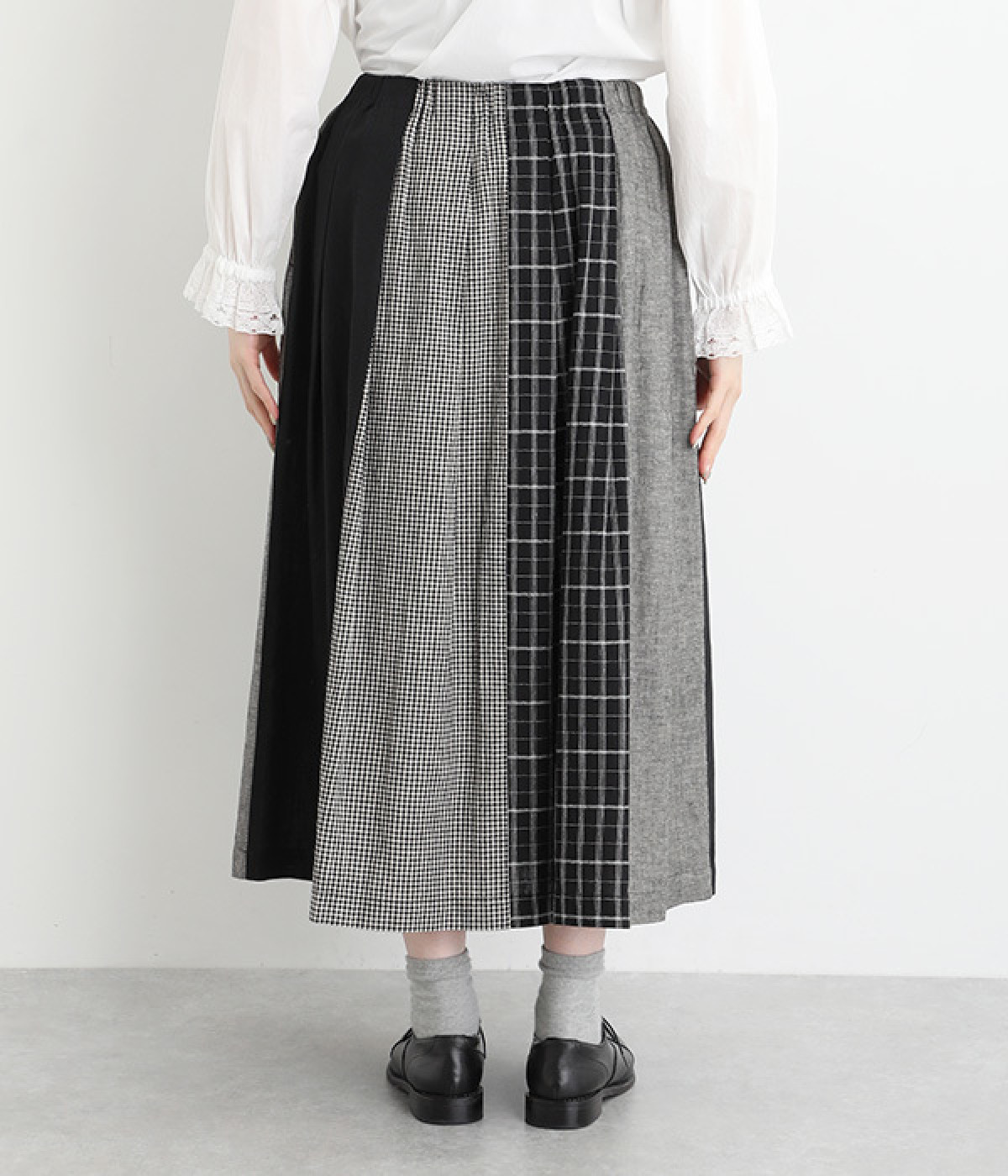 コットンリネンパッチワークフレアスカート（blue willow）の