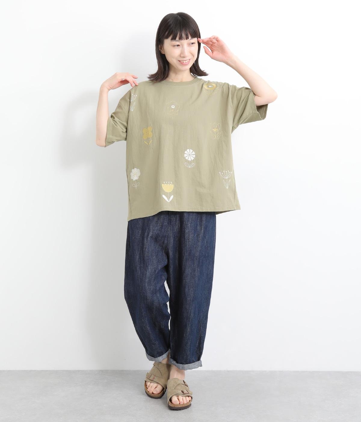 ※抹茶※フランスアンティーク　ダマスク織　ロゴ刺繍　中綿クッション付き 古都古都 × 絡繰魂 粋 満月と九尾の狐 柄 刺繍 和柄 半袖T
