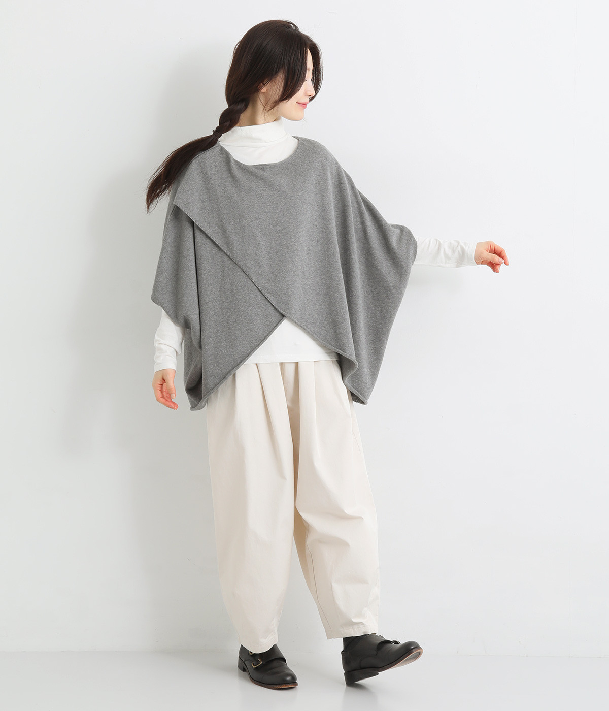 45R コットンニット ワイドプルオーバー ポンチョ グレー FREAK'S STORE｜片畦 ラウンド コットン プルオーバー ニット