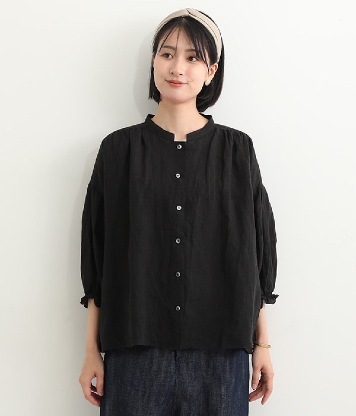 キャヴァネ　cavane リネン　ブラウス　ベージュ　Ｆ　長袖 レース立衿ブラウス｜KarLParkLane Style ONLINE SHOP