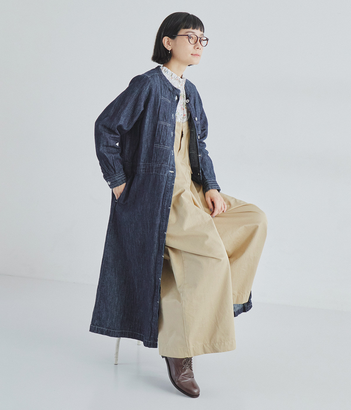 インディゴデニム ピンタック使いステッチジージャンワンピース