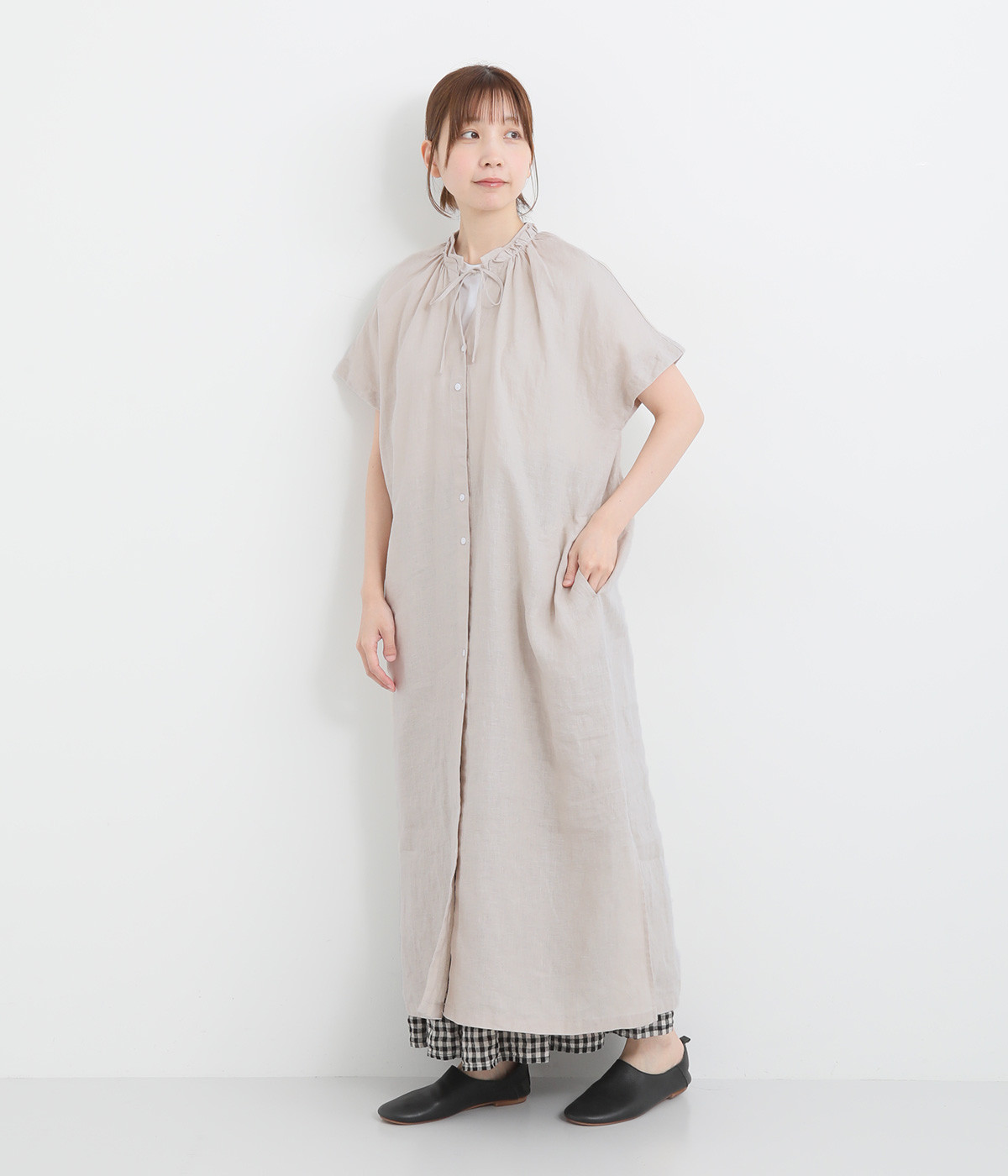 【美品】長袖ギャザーワンピース/FREE/リネン/ブラウン/01194-1354 美品】長袖ギャザーワンピース/FREE/リネン/ブラウン/01194-1354