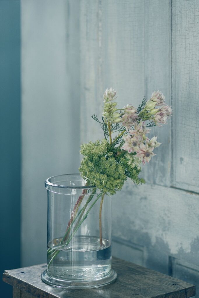 ガラスの花瓶に生けたセルリアとレースフラワーシードの画像