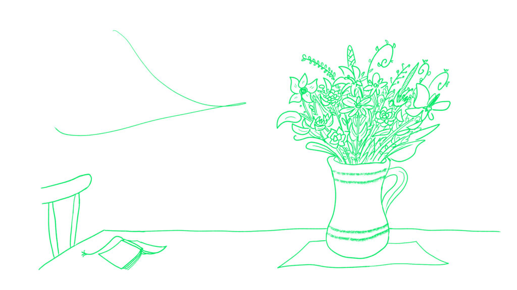 花瓶に生けられたお花と読みかけの文庫のイラスト