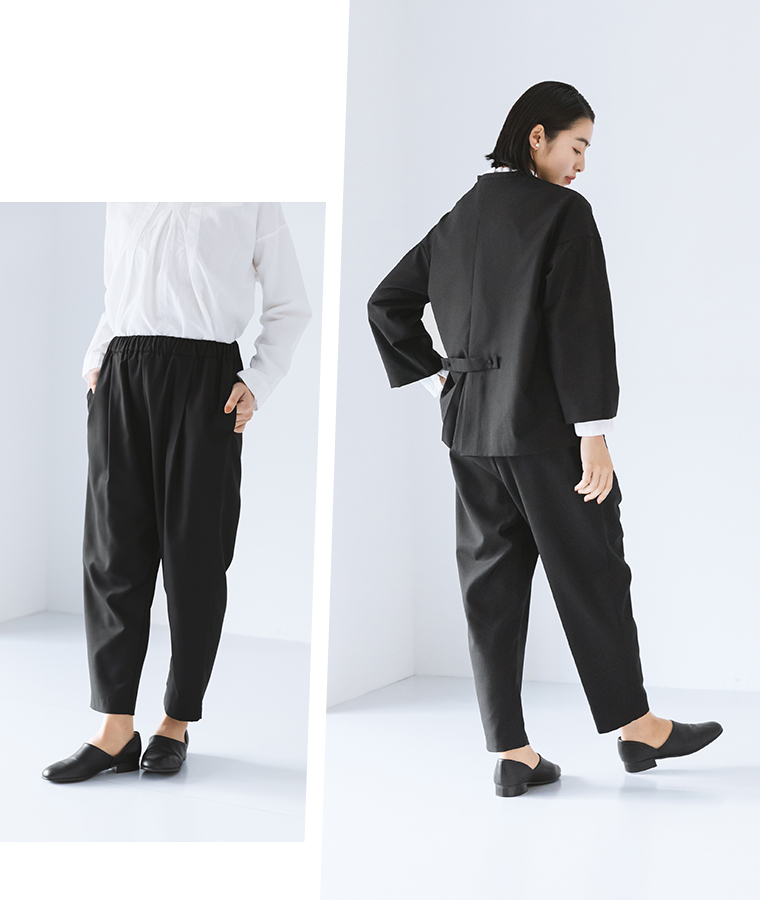 【s.t.closet frabjous】バックタブシャツジャケット+パンツセット　ブラック　バックスタイルとウエストの様子